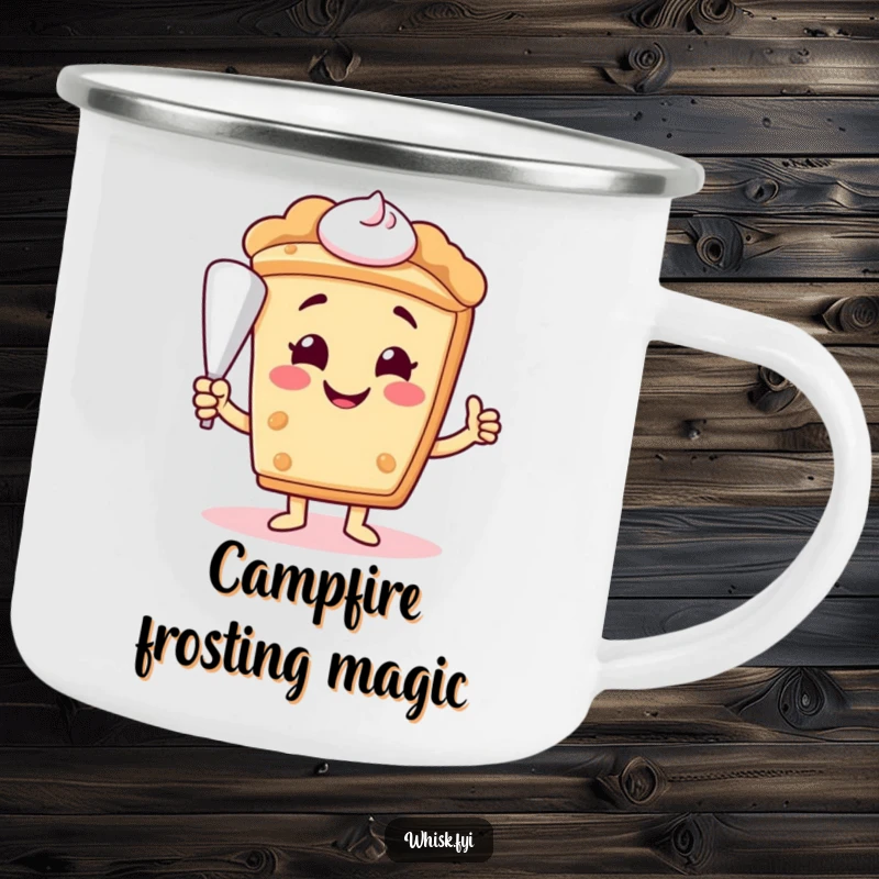 Funny smiling slice of pie character offering a piping bag on a durable camping mug, ready for outdoor treats.