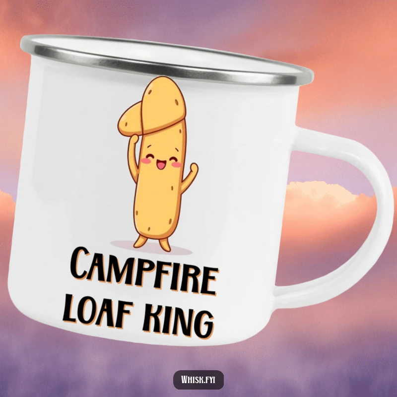 Funny Baguette Camping Mug: A proud baguette holding a baked loaf, ready for trailside coffee and humorous celebrations.