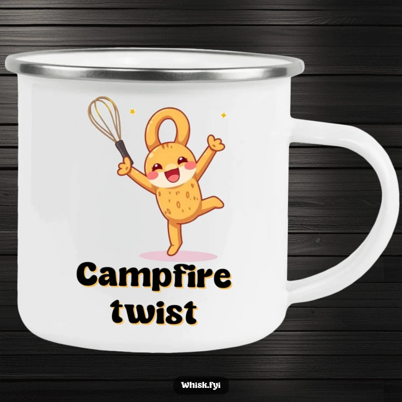 Funny camping mug showing a pretzel doing a celebratory somersault with a whisk, ready for outdoor baking fun.