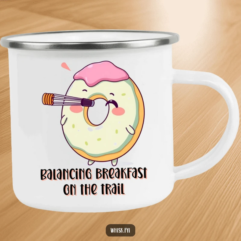 Funny donut character balancing a whisk on its nose, depicted on a rugged camping mug. A delightful, humorous choice for outdoor enthusiasts.