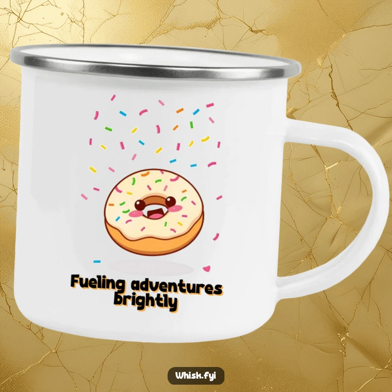 Funny Kawaii donut character joyfully scattering colorful sprinkles from above on a durable camping mug, looking festive.