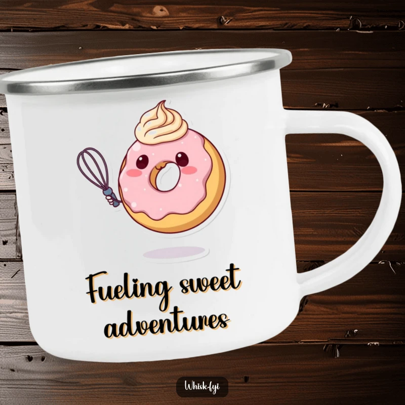 Funny donut character artistically swirling frosting with a whisk on a sturdy camping mug, ready for outdoor coffee breaks.