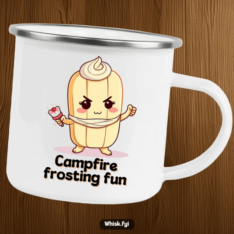 Funny baguette camping mug with a determined baguette character bravely piping frosting, perfect for outdoor trips.