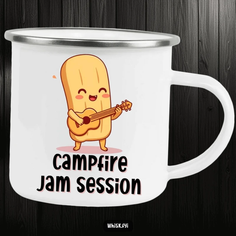 Funny baguette camping mug shows a delighted baguette character playing a small pastry guitar, perfect for outdoor use and musical enjoyment.