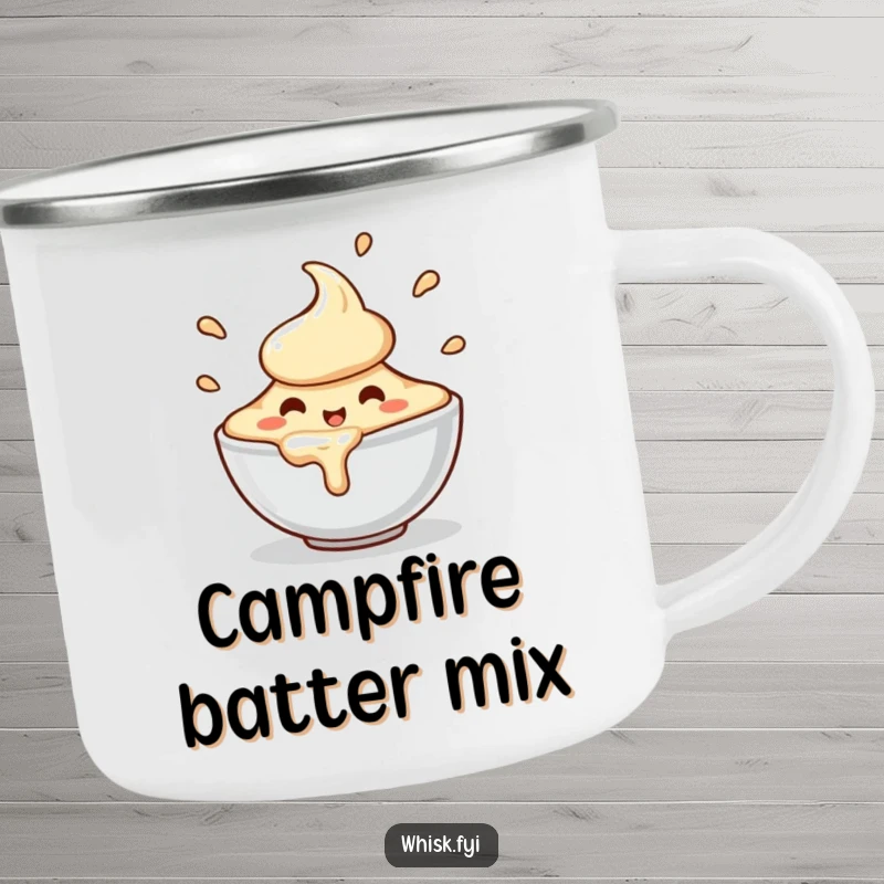 Funny camping mug depicting a charming, happy bowl of batter character spilling with enthusiastic motion, perfect for outdoor enjoyment.
