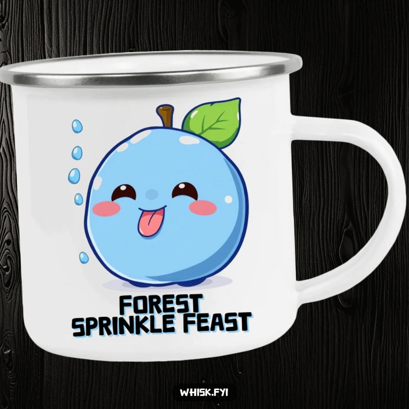 Funny cheerful blue blueberry character catching a falling sprinkle on a durable camping mug, great for outdoor dessert humor.