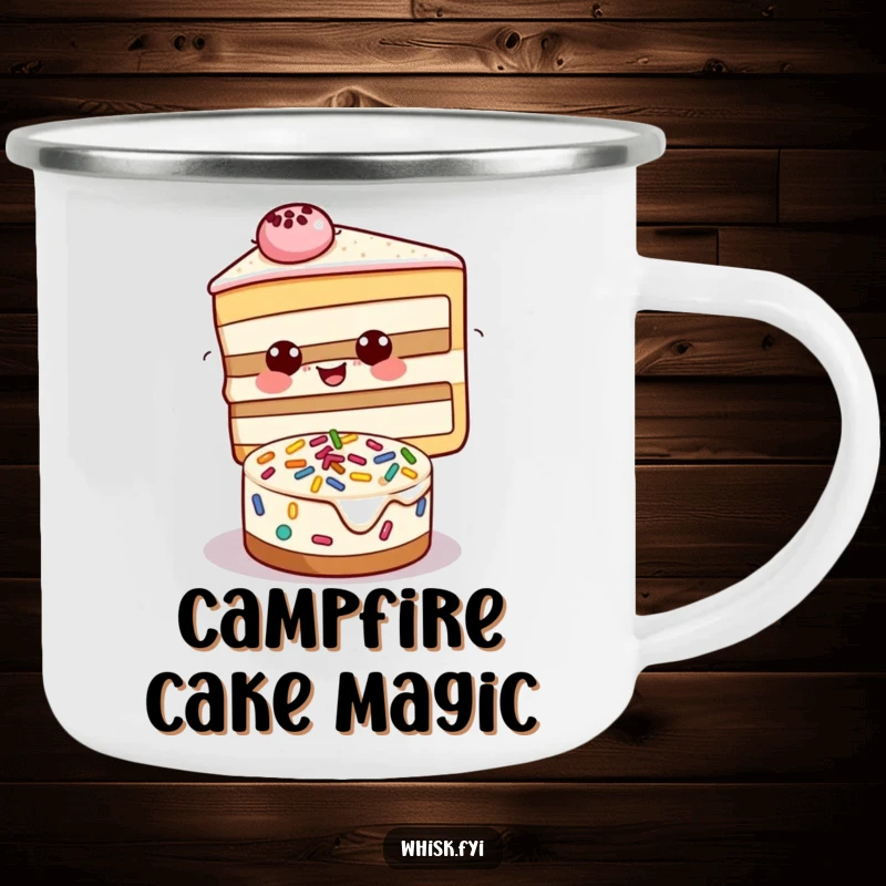 Funny camping mug featuring a joyful slice of cake decorating a small cake with sprinkles, for outdoor use.