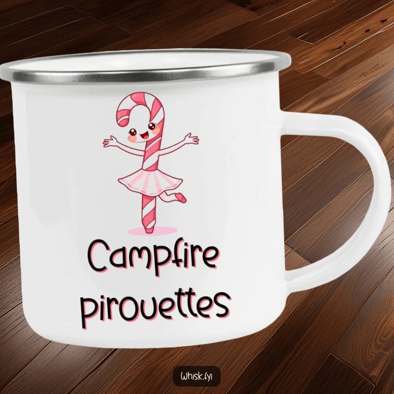 Funny Candy Cane Camping Mug showing a cheerful candy cane performing a ballet twirl, ideal for enjoying drinks outdoors festively.
