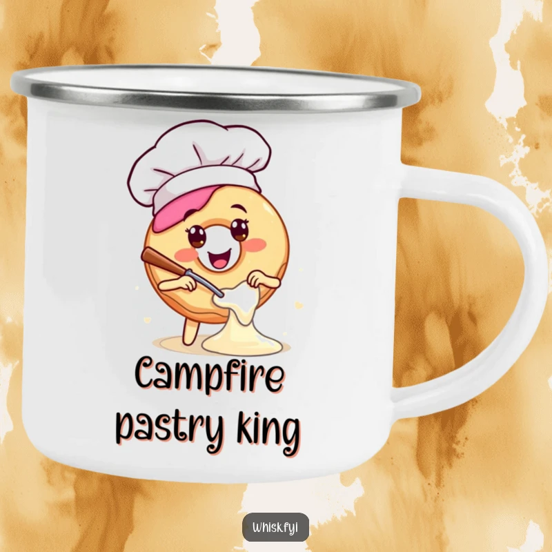 Funny camping mug showcasing a happy donut in a chef hat, enthusiastically mixing batter, perfect for outdoor enthusiasts with a sweet tooth.