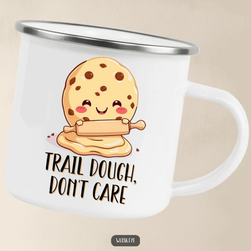 Funny camping mug featuring a joyful cookie character rolling dough with a tiny pin, ideal for outdoor use.