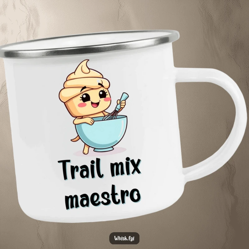 Funny cupcake camping mug with a smiling baker character whisking batter, ideal for outdoor coffee lovers.