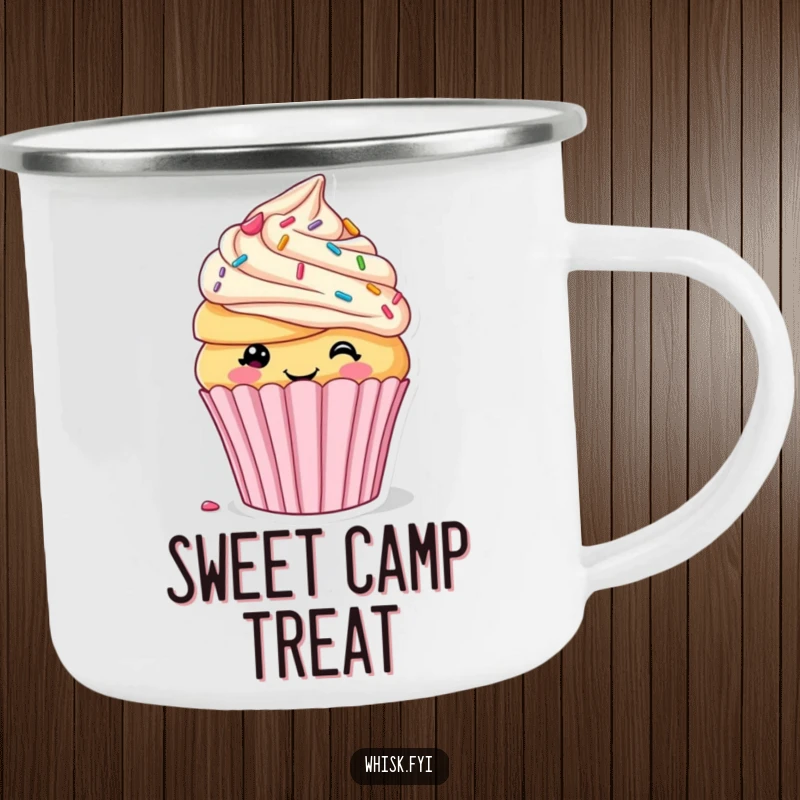 Funny camping mug featuring a smiling cupcake decorating itself with sprinkles and frosting, perfect for enjoying sweet beverages outdoors.