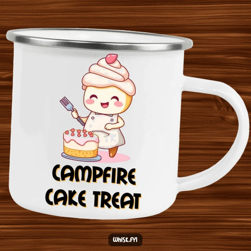 Funny camping mug: A smiling cupcake with an apron joyfully decorating a cake, ready for outdoor enjoyment.