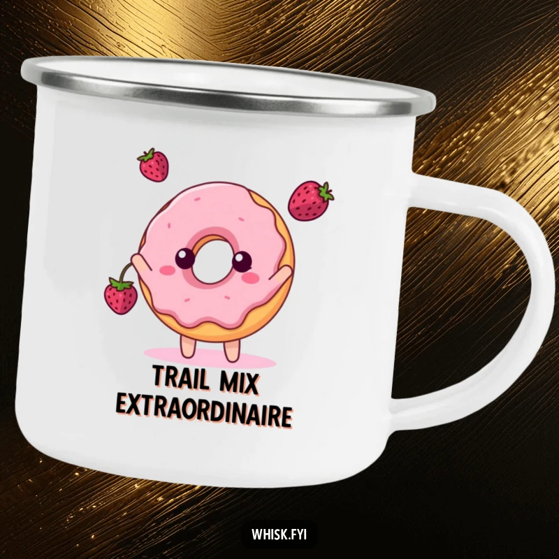 Funny camping mug with a playful donut character tossing a berry, ideal for outdoor enjoyment.