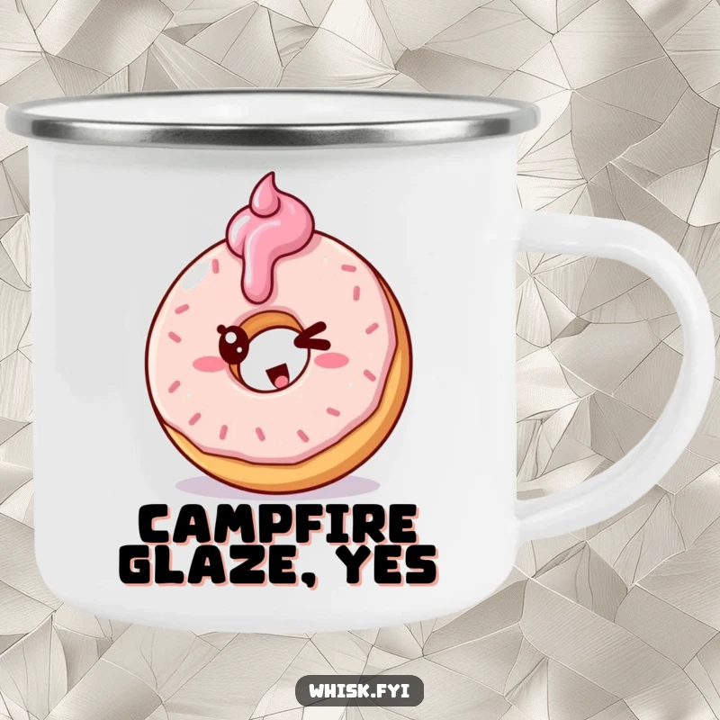 Funny camping mug with a winking doughnut character frosting a pastry, perfect for outdoor use.