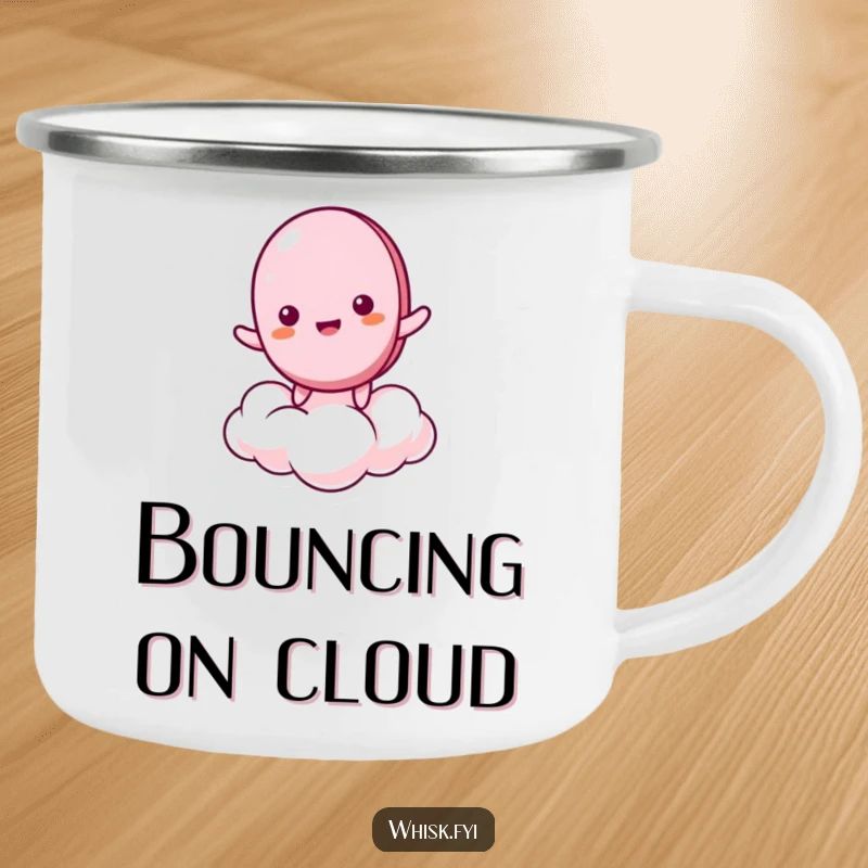 Funny camping mug with a giddy macaron character bouncing on a cloud, designed for cheerful outdoor drinks and humorous enjoyment.