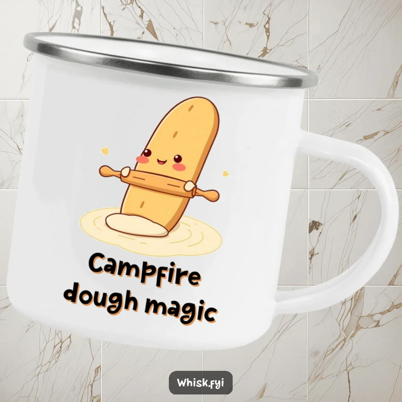Funny camping mug with a gleeful baguette rolling dough with a tiny rolling pin, built for outdoor use and designed to bring baking humor.