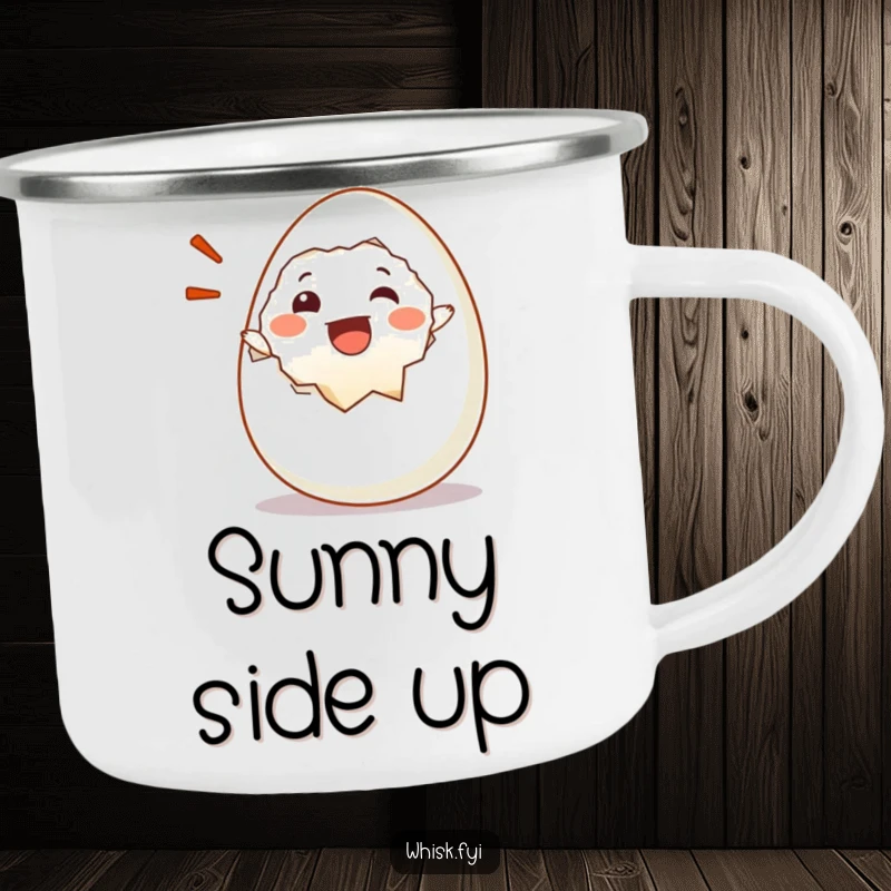 Funny camping mug with a happy egg character cracking open with a joyful exclamation, ready for outdoor enjoyment.