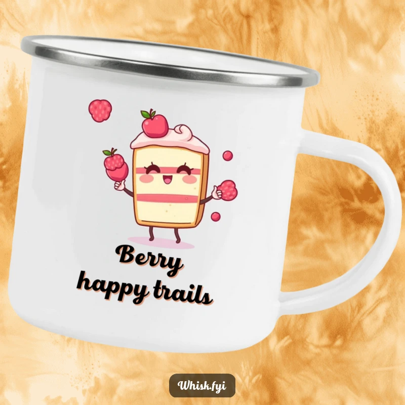 Funny Kawaii cake camping mug, showing a playful cake slice character juggling small berries, perfect for sweet outdoor moments.