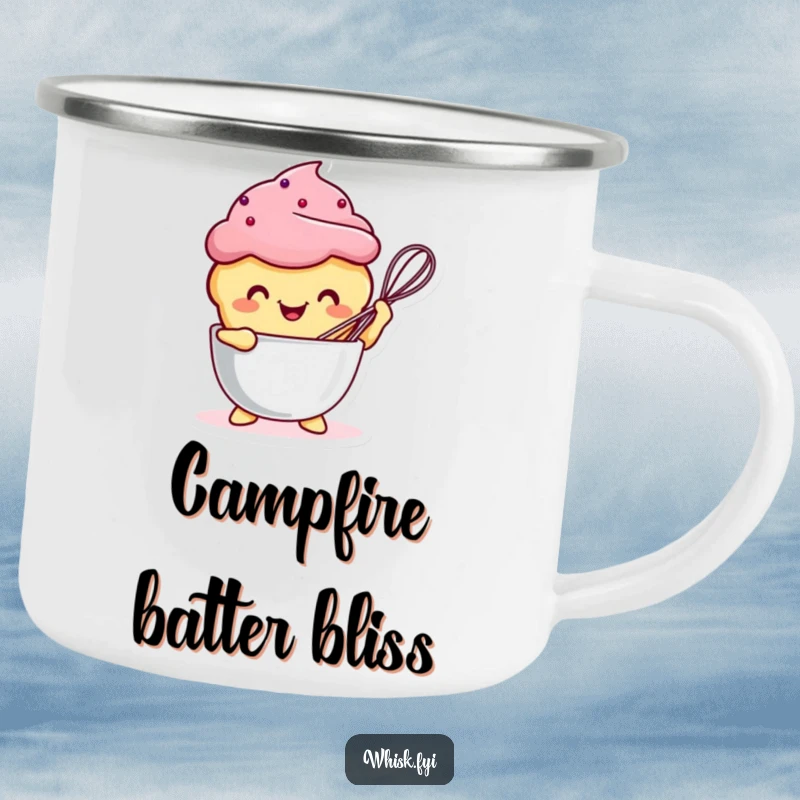 Funny Kawaii muffin character whisking contents in a bowl, designed for rugged camping adventures.