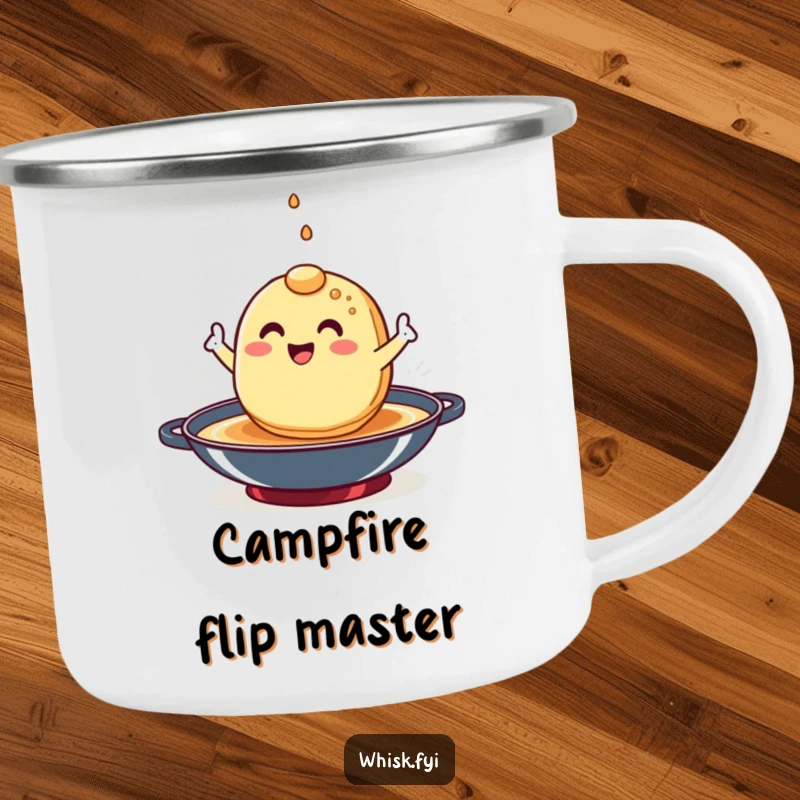Funny pancake camping mug with a happy breakfast character flipping itself, ideal for outdoor breakfast.