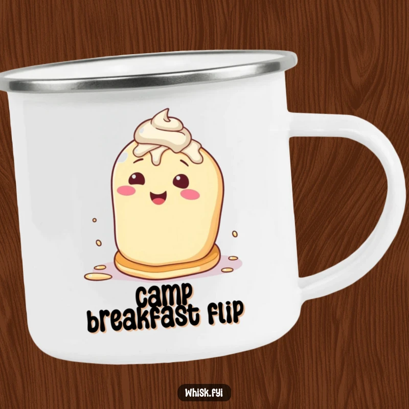 Funny enamel camping mug featuring a happy pancake character mid-flip, splattered with frosting, perfect for outdoor breakfast.