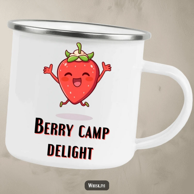 Funny Strawberry Cream Camping Mug: A thrilled strawberry dancing with cream, ready for outdoor coffee and sweet, humorous moments.
