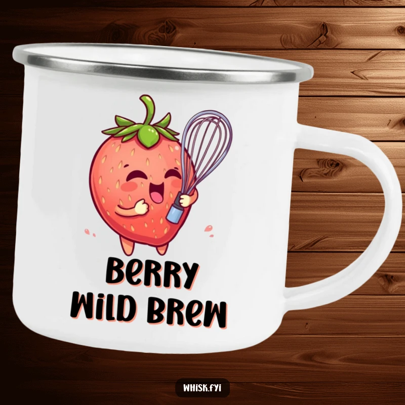 Funny camping mug with a playful strawberry character comically entangled in a whisk, bringing fruity humor to outdoor adventures.