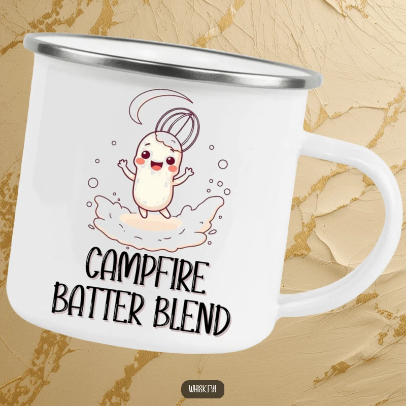 Funny whisk character joyfully twirling in a flour cloud, showcased on a durable camping mug for outdoor culinary enthusiasts.