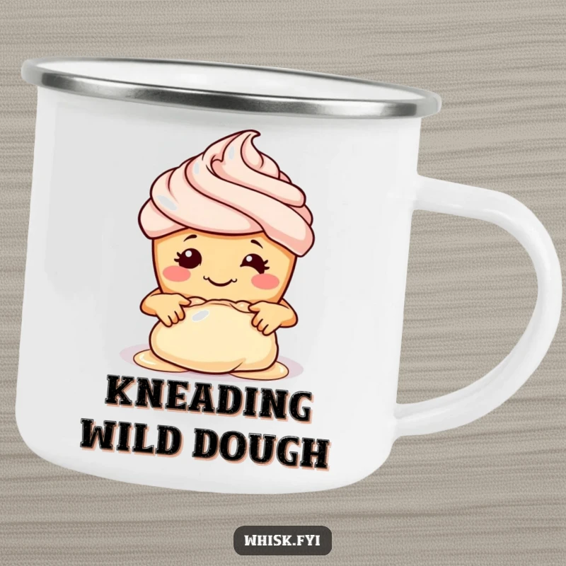 Funny enamel camping mug with a smiling cupcake baker kneading dough, ready for outdoor adventures.