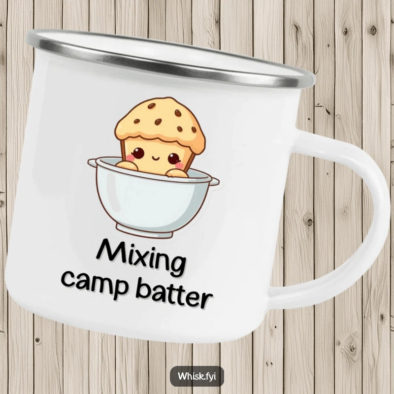 Funny Muffin Camping Mug: A curious muffin peeking from a mixing bowl, ready for campfire coffee and outdoor laughs.