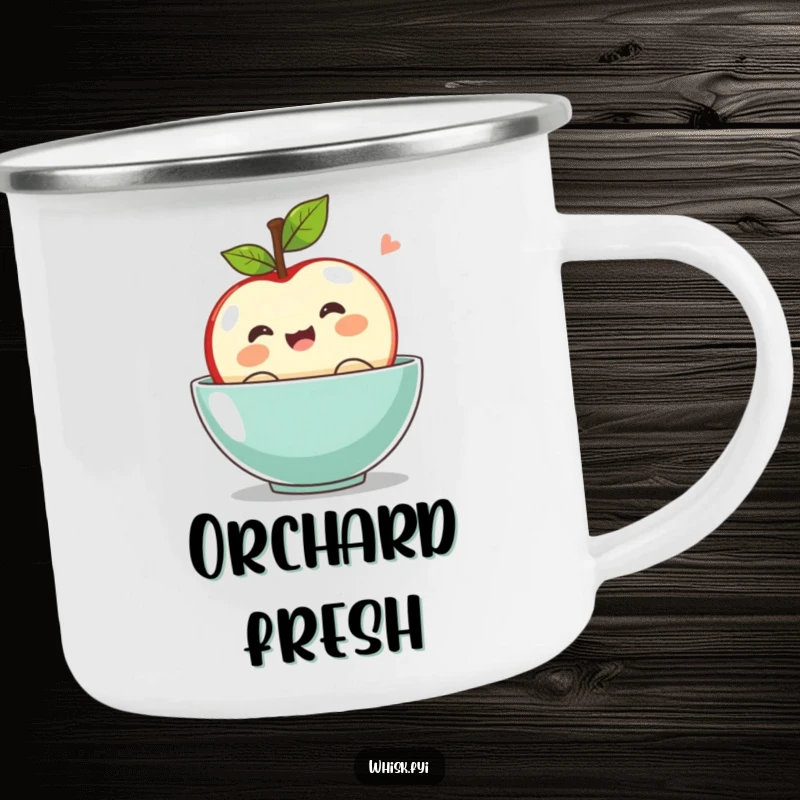 Funny kawaii apple camping mug, bobbing with excitement in a bowl, outdoorsy and cheerful.