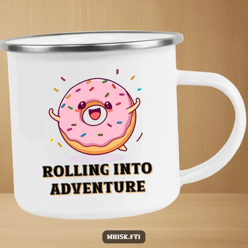 Funny donut camping mug with a cheerful donut character rolling, sprinkles flying, designed for rugged outdoor use and a dose of humor.
