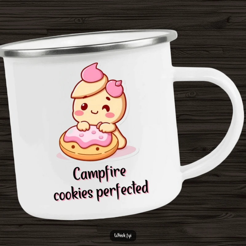 Funny Kawaii cookie character delighted and icing another cookie on a durable camping mug, looking focused.