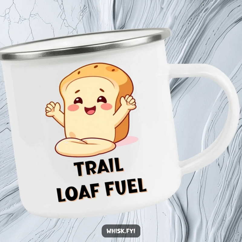 Funny camping mug with a smiling bread loaf character with arms, kneading dough, for outdoor enjoyment.