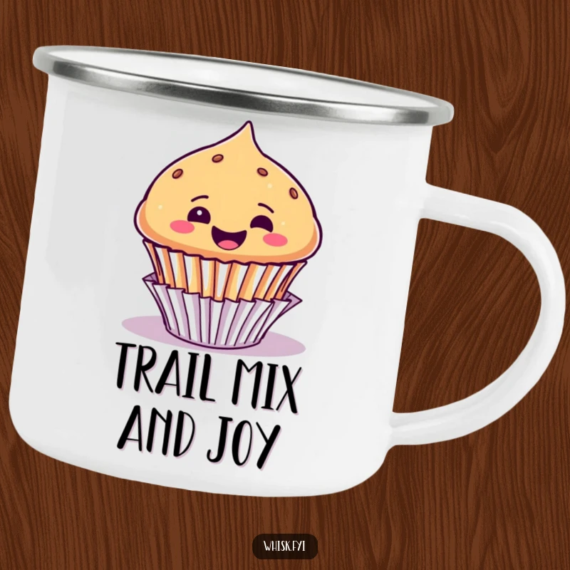 Funny camping mug with a joyful muffin character popping out of its liner, ready for outdoor adventures with glee.