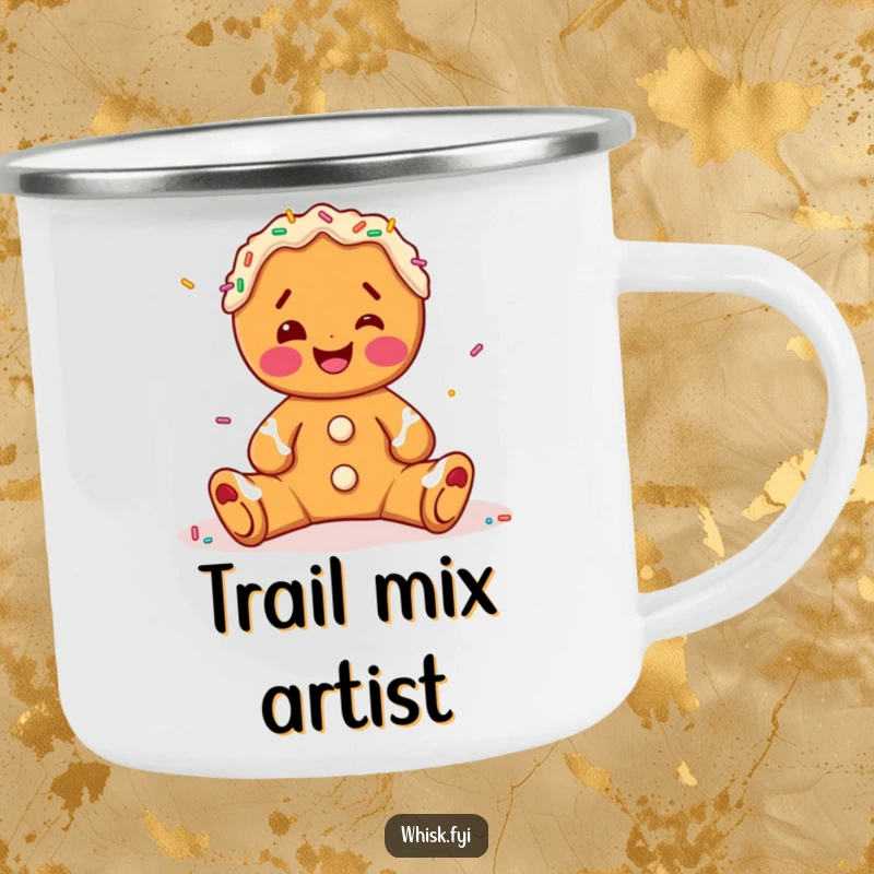 Funny gingerbread man camping mug, joyfully decorating with sprinkles, a festive companion for outdoor escapades.