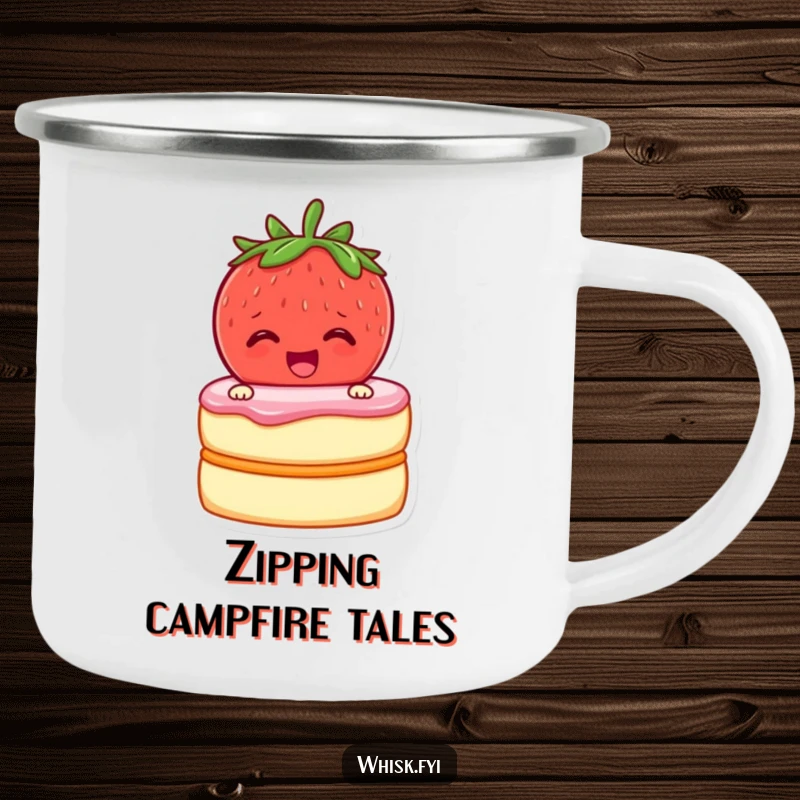 Funny enamel camping mug with a cheerful strawberry zipping cake layers together, ready for outdoor fun.