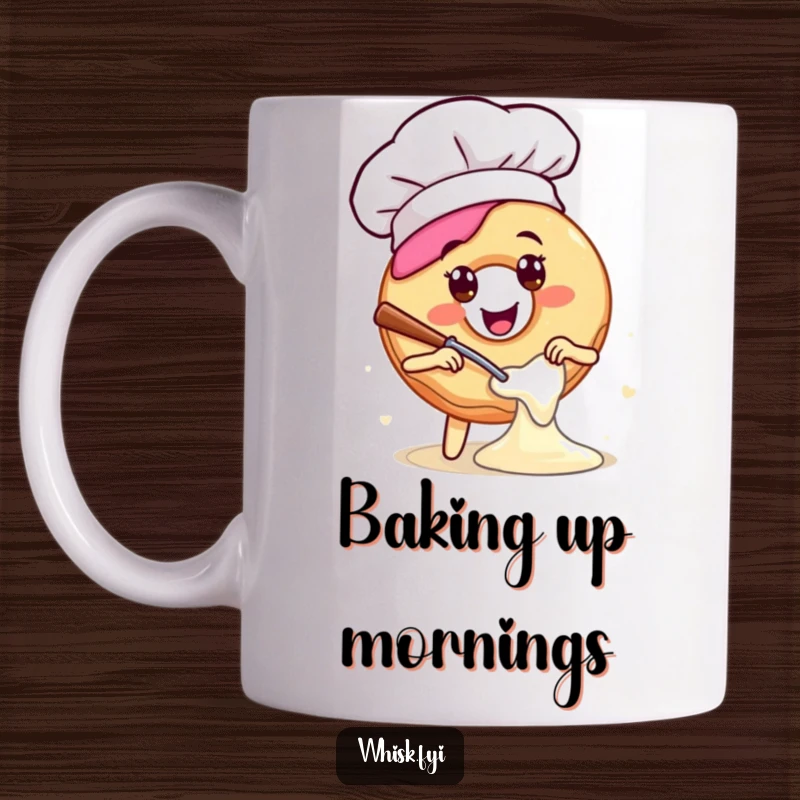 Funny mug featuring a happy donut in a chef hat joyfully mixing batter with an oversized whisk, exuding culinary delight.
