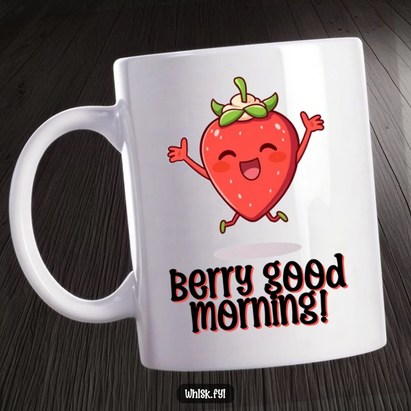 Funny Strawberry Cream Mug: A thrilled strawberry doing a happy dance next to a dollop of cream, radiating pure joy.