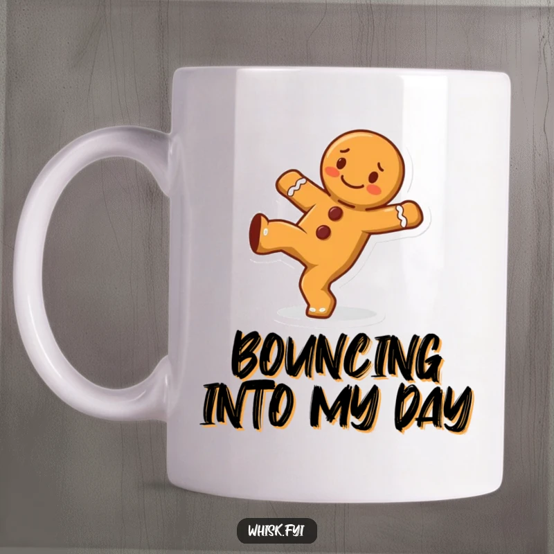 Funny cheerful gingerbread man character energetically doing a cartwheel on a mug, full of sweet, baked joy.