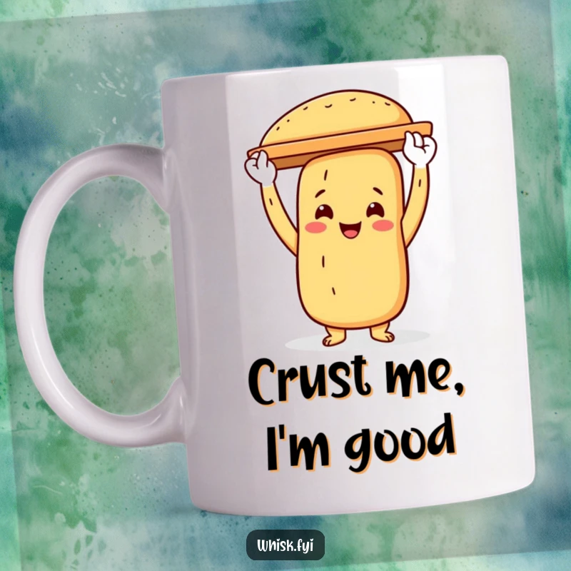 Funny baguette baker mug featuring a proud baguette character holding a baking sheet aloft, celebrating baked goods.