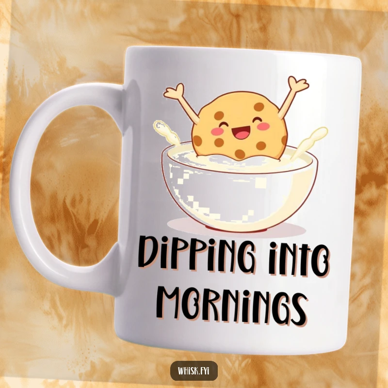 Funny mug featuring a giggling cookie joyfully jumping into a bowl of milk, capturing a moment of delicious, playful bliss.