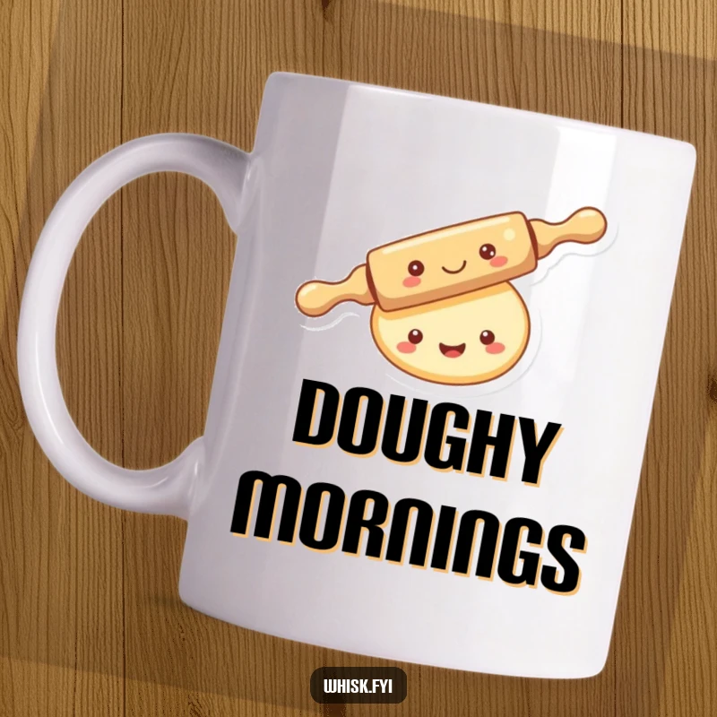 Funny kawaii rolling pin mug, merrily rolling over a smiling piece of dough, looking happy and busy.