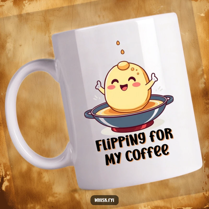 Funny happy pancake character performing a perfect flip in a hot frying pan with a joyful expression.