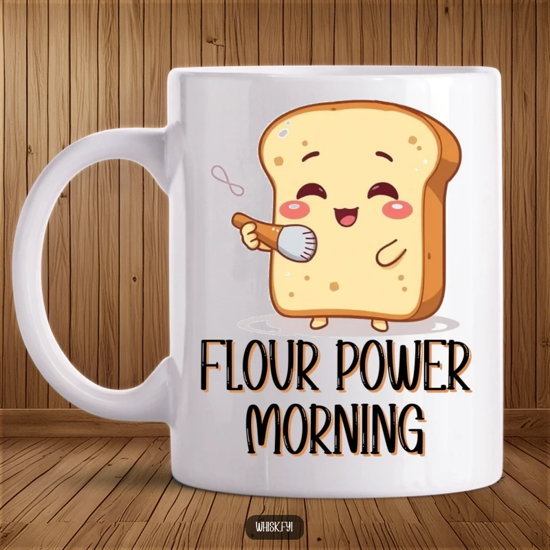 Funny mug featuring a giggling slice of bread character expertly dusting flour with a tiny brush, a hilarious baker's delight.
