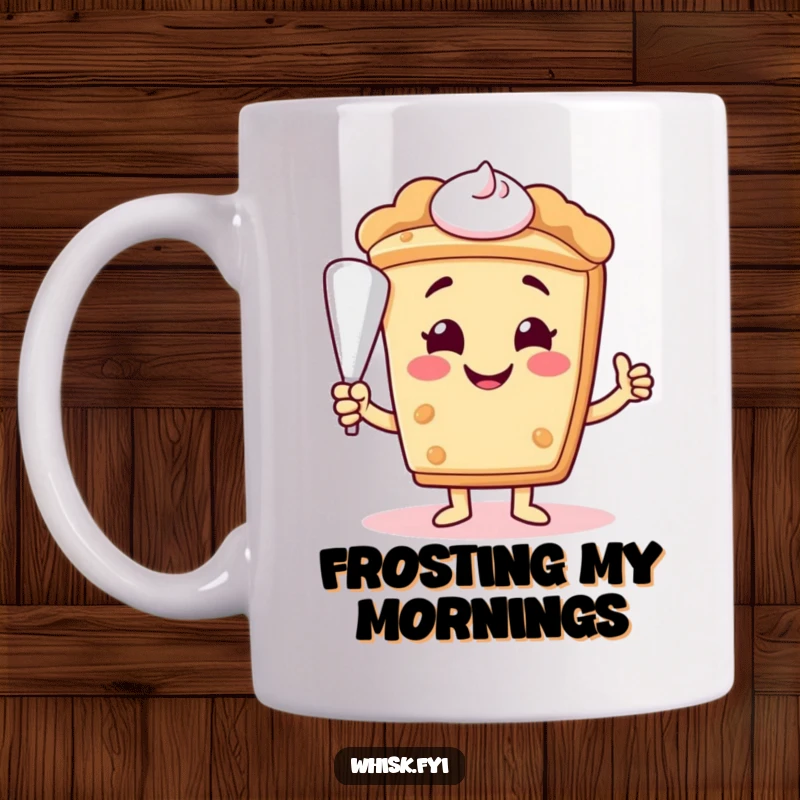 Funny smiling slice of pie character offering a piping bag, ready to decorate any occasion with sweetness.