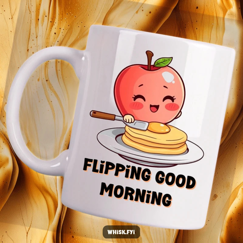 Funny blushing red apple character with a tiny spatula flipping a pancake with flair on this mug, a delightful breakfast humor gift.