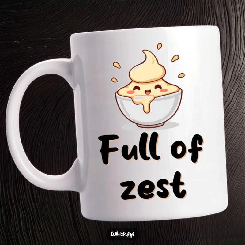 Funny mug depicting a charming, happy bowl of batter character spilling slightly with enthusiastic motion, a delightful baking accessory.