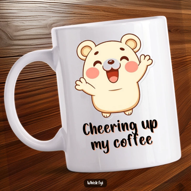 Funny happy bear claw pastry character letting out a delighted cheer with a big smile on a mug.